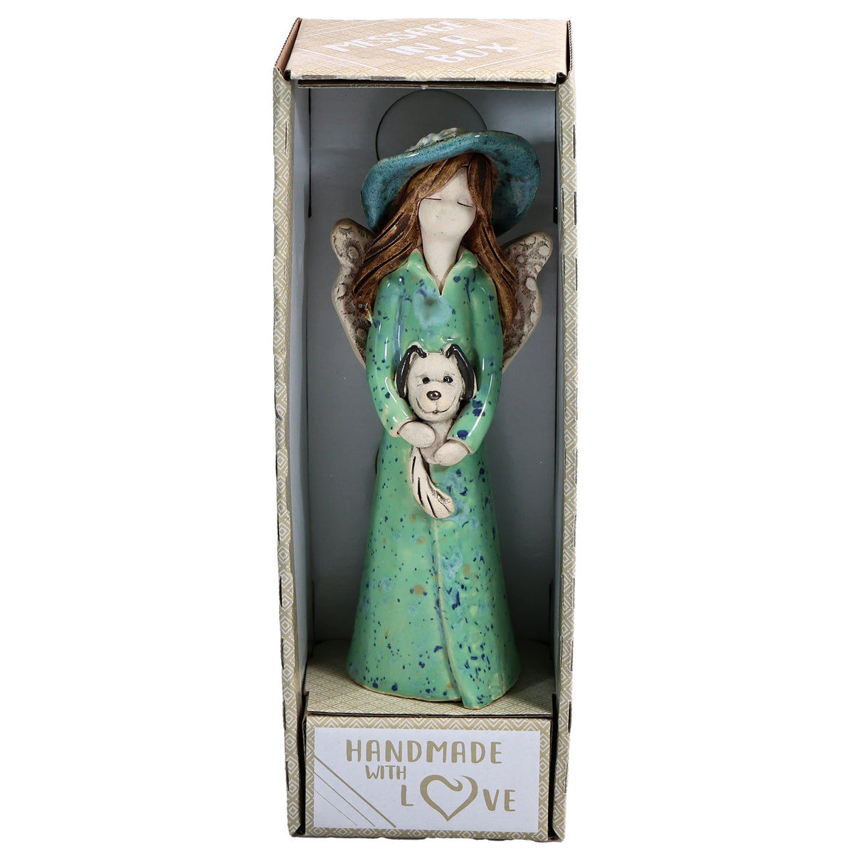Handmade Ceramic Angel in Hat Holding Dog