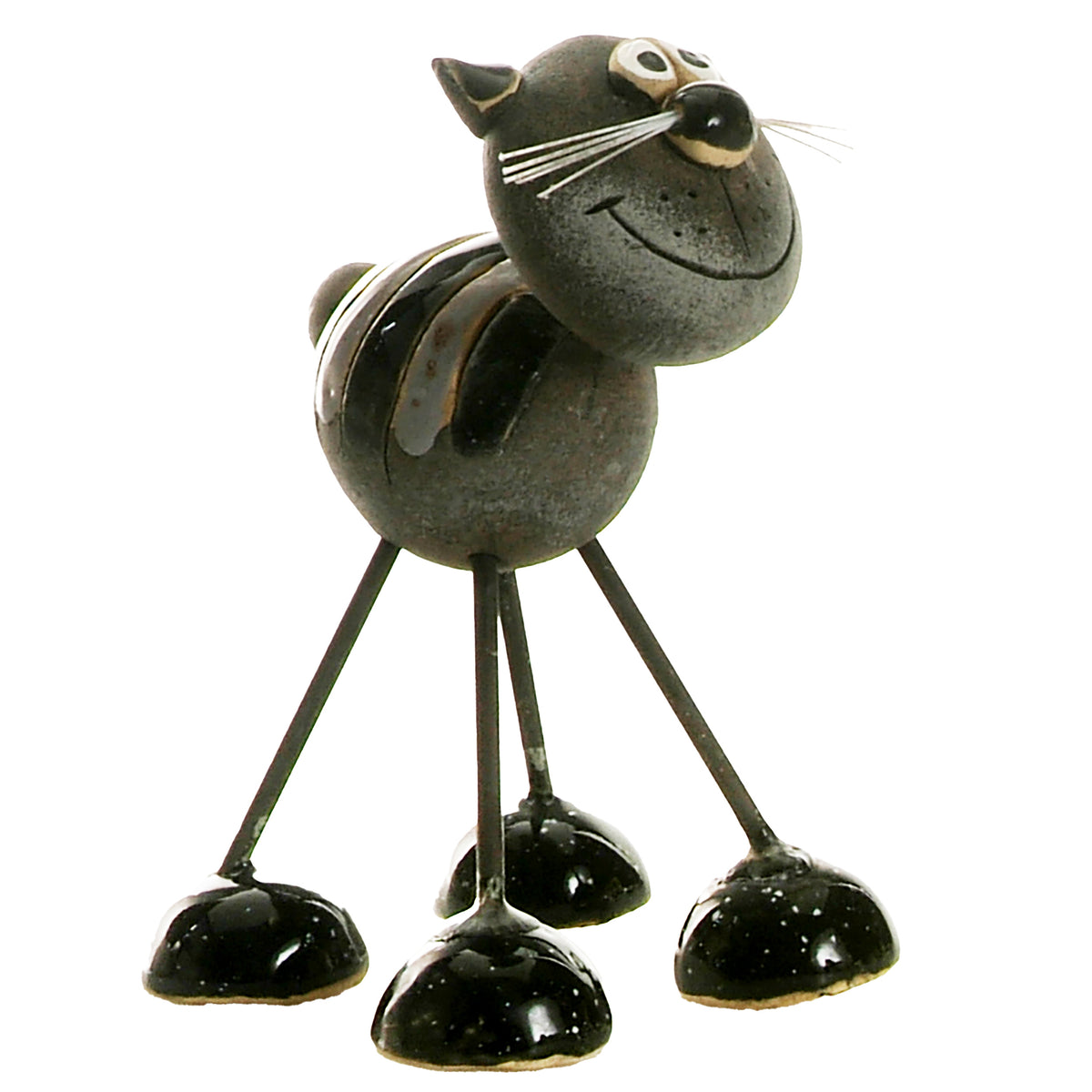 Handmade Stripey Ceramic Cat with Wire Legs