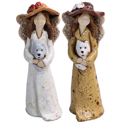 Handmade Ceramic Angel in Hat Holding Dog