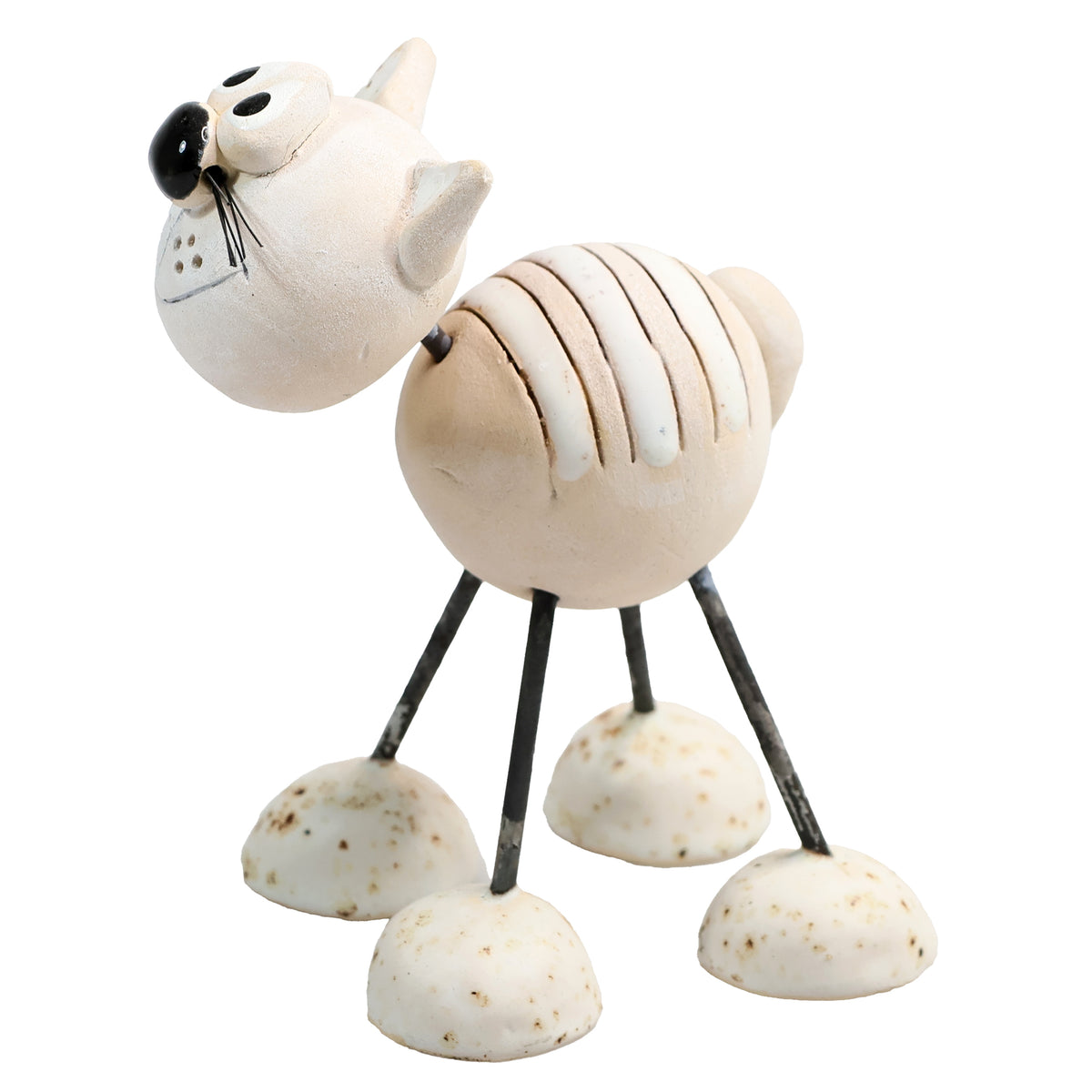 Handmade Stripey Ceramic Cat with Wire Legs