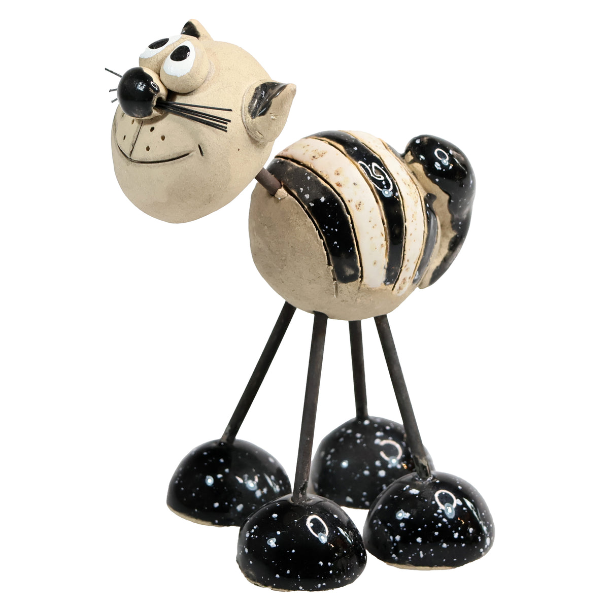 Handmade Stripey Ceramic Cat with Wire Legs