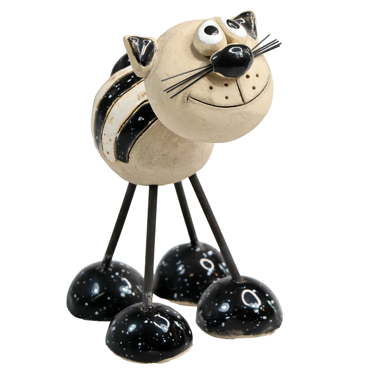 Handmade Stripey Ceramic Cat with Wire Legs