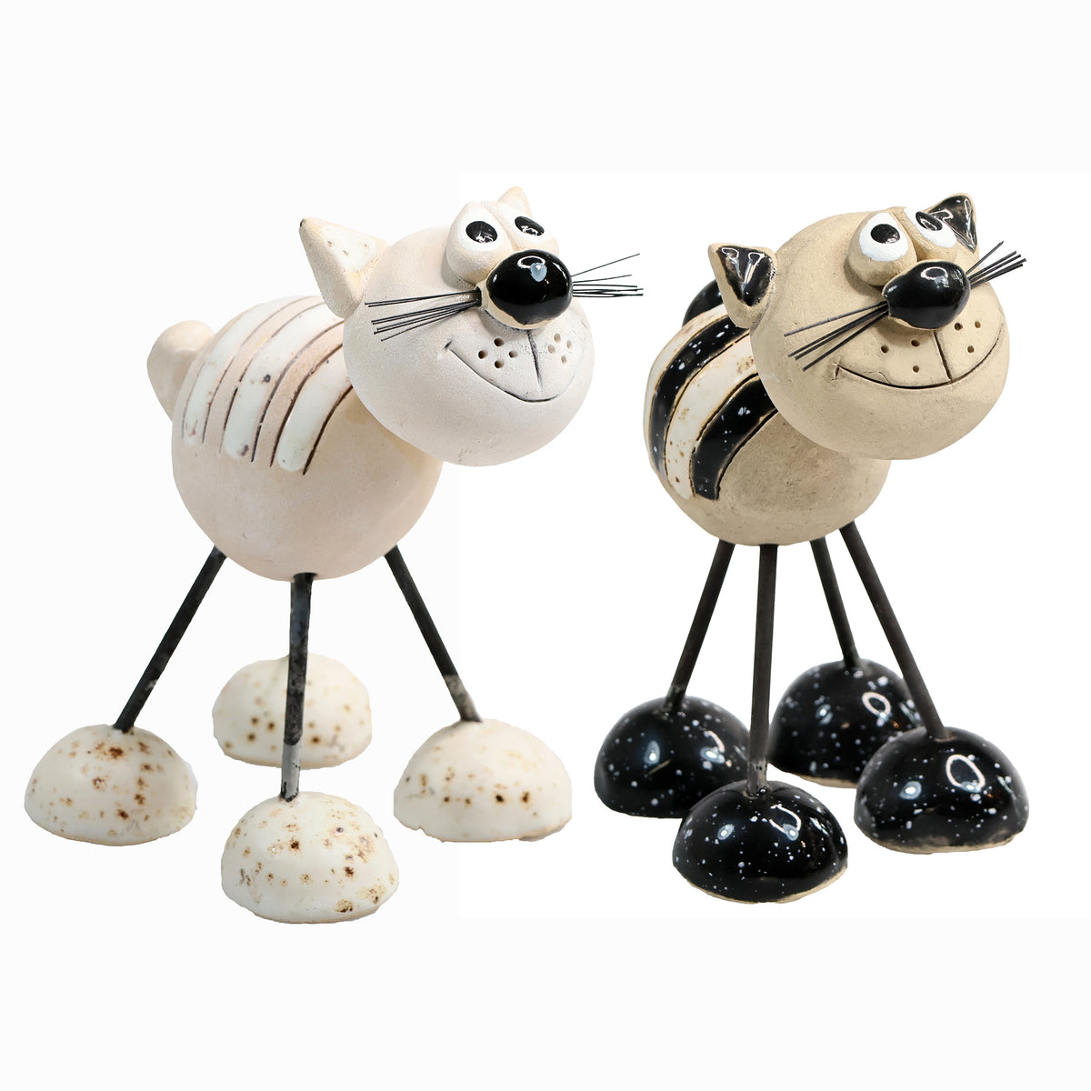 Handmade Stripey Ceramic Cat with Wire Legs