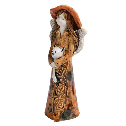 Handmade Ceramic Angel in Hat Holding Cat