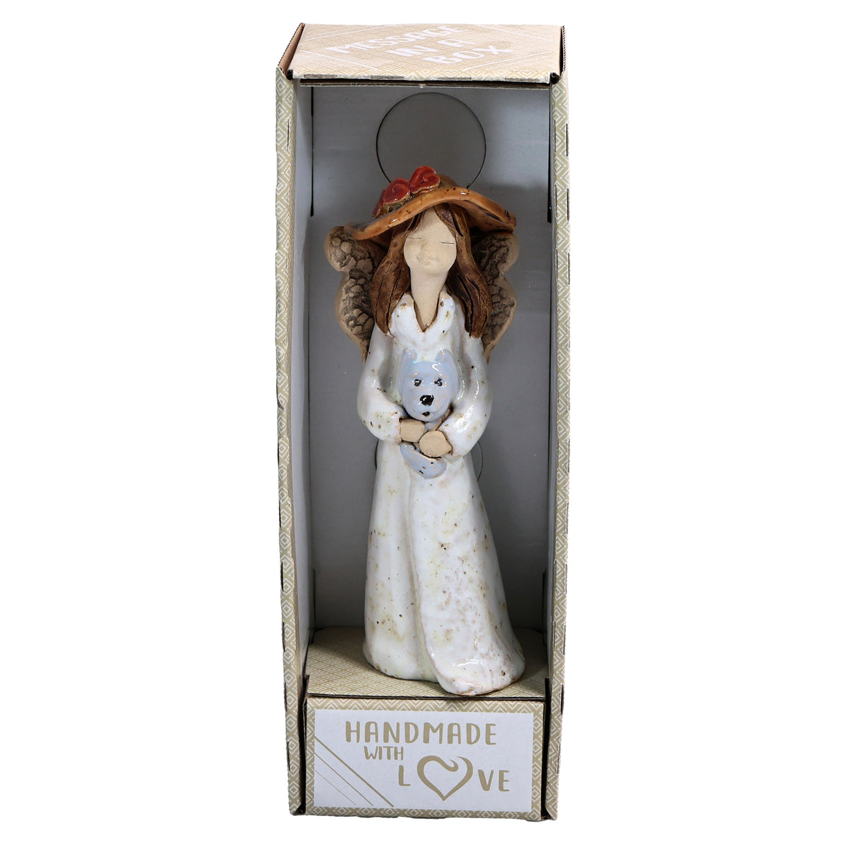 Handmade Ceramic Angel in Hat Holding Dog