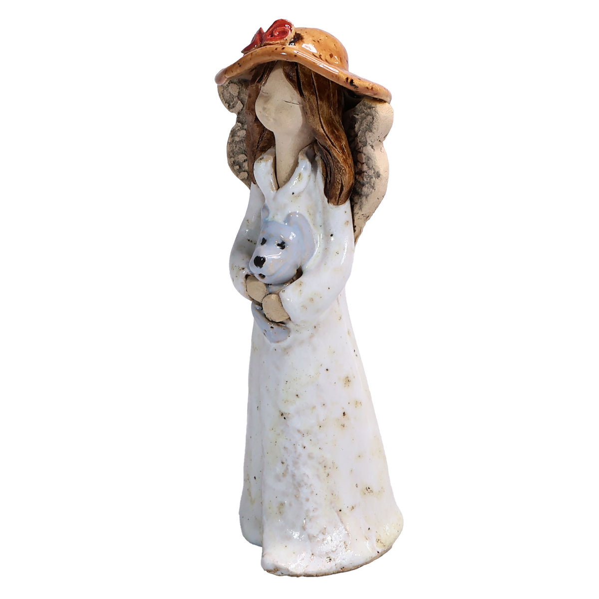 Handmade Ceramic Angel in Hat Holding Dog
