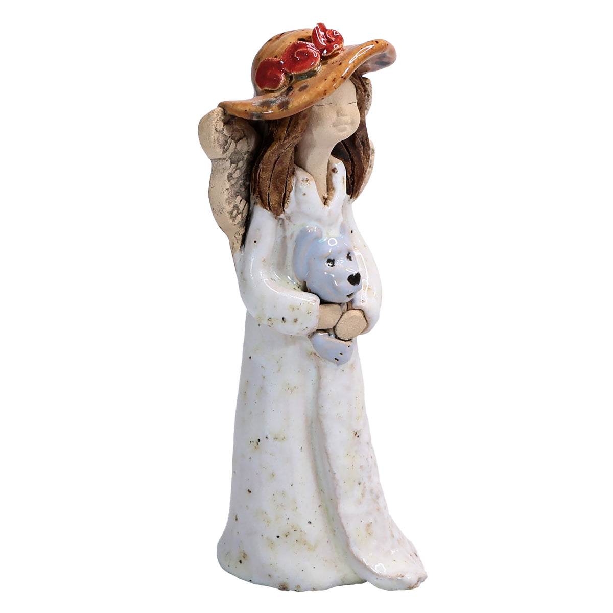 Handmade Ceramic Angel in Hat Holding Dog