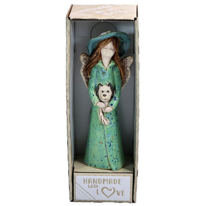 Handmade Ceramic Angel in Hat Holding Dog