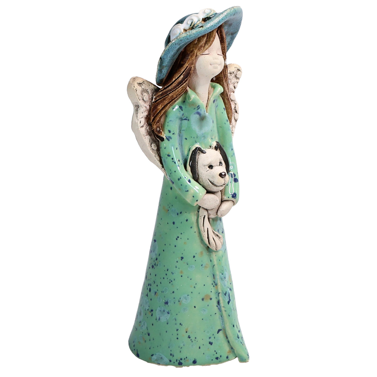 Handmade Ceramic Angel in Hat Holding Dog