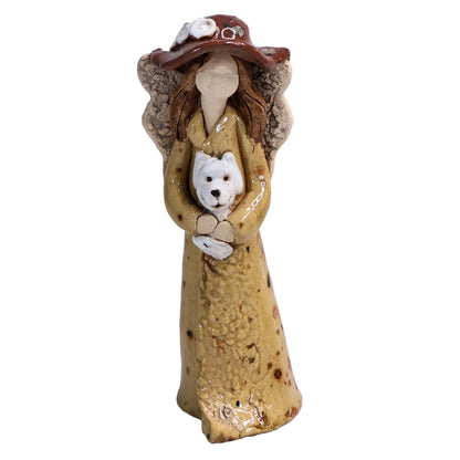Handmade Ceramic Angel in Hat Holding Dog