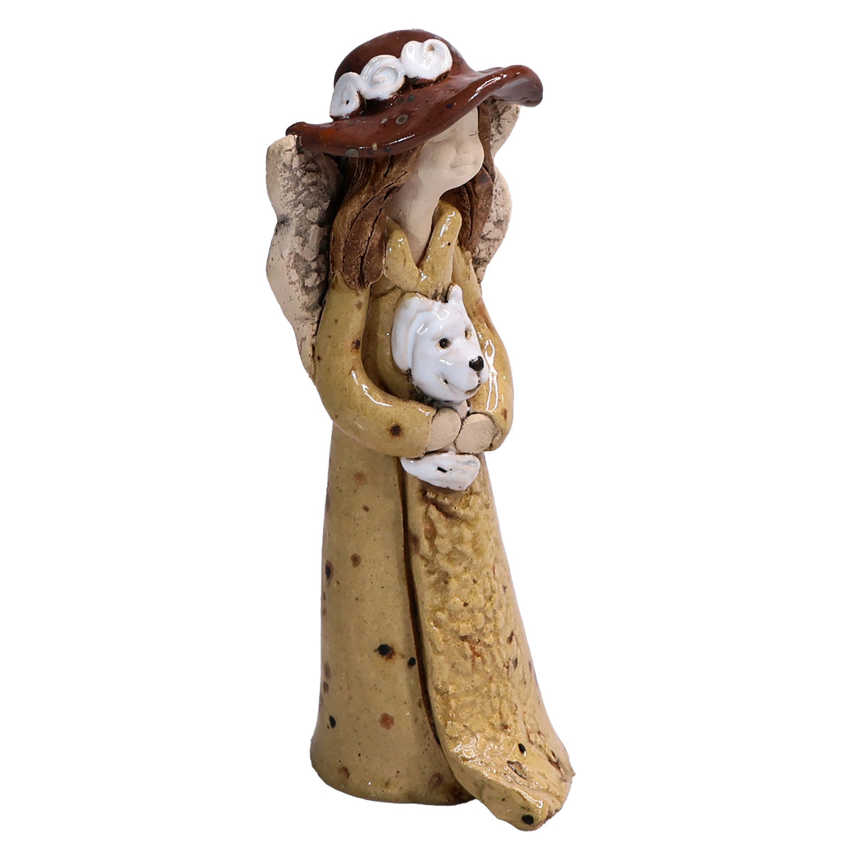 Handmade Ceramic Angel in Hat Holding Dog