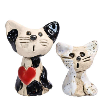 Handmade Ceramic Cat Couple, Black with Heart and White