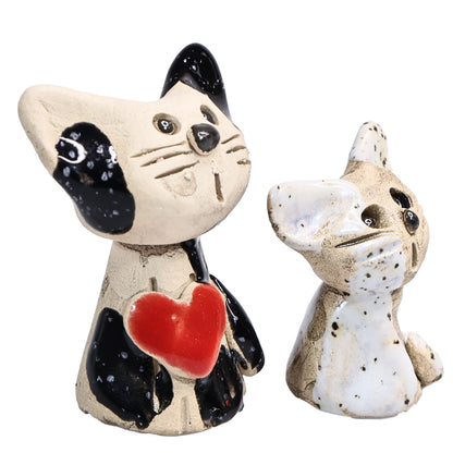 Handmade Ceramic Cat Couple, Black with Heart and White