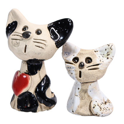 Handmade Ceramic Cat Couple, Black with Heart and White