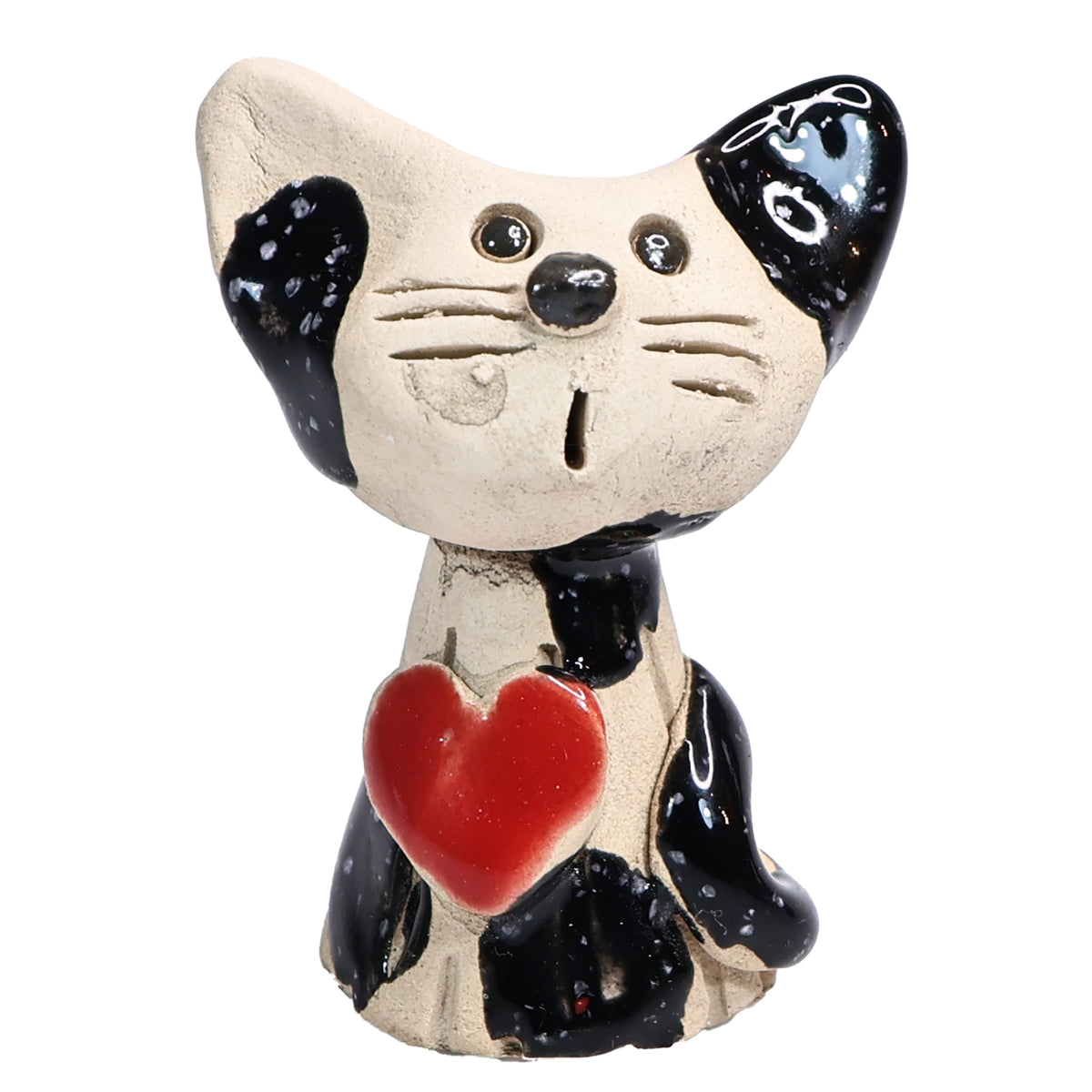 Handmade Ceramic Cat Couple, Black with Heart and White