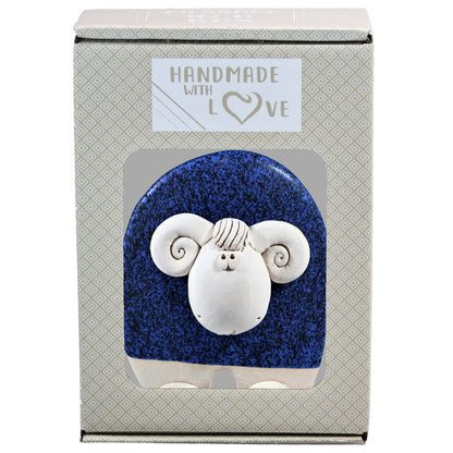 Handmade Ceramic Ram Figurine in Black, Navy Blue, Terracotta Orange