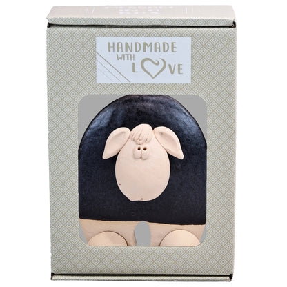 Handmade Ceramic Flat Sheep Figurine in Black, Pink, White Daisy Accent