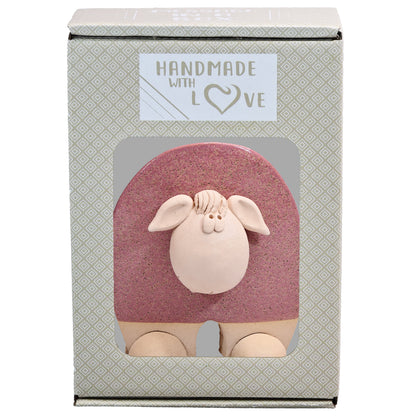 Handmade Ceramic Flat Sheep Figurine in Black, Pink, White Daisy Accent